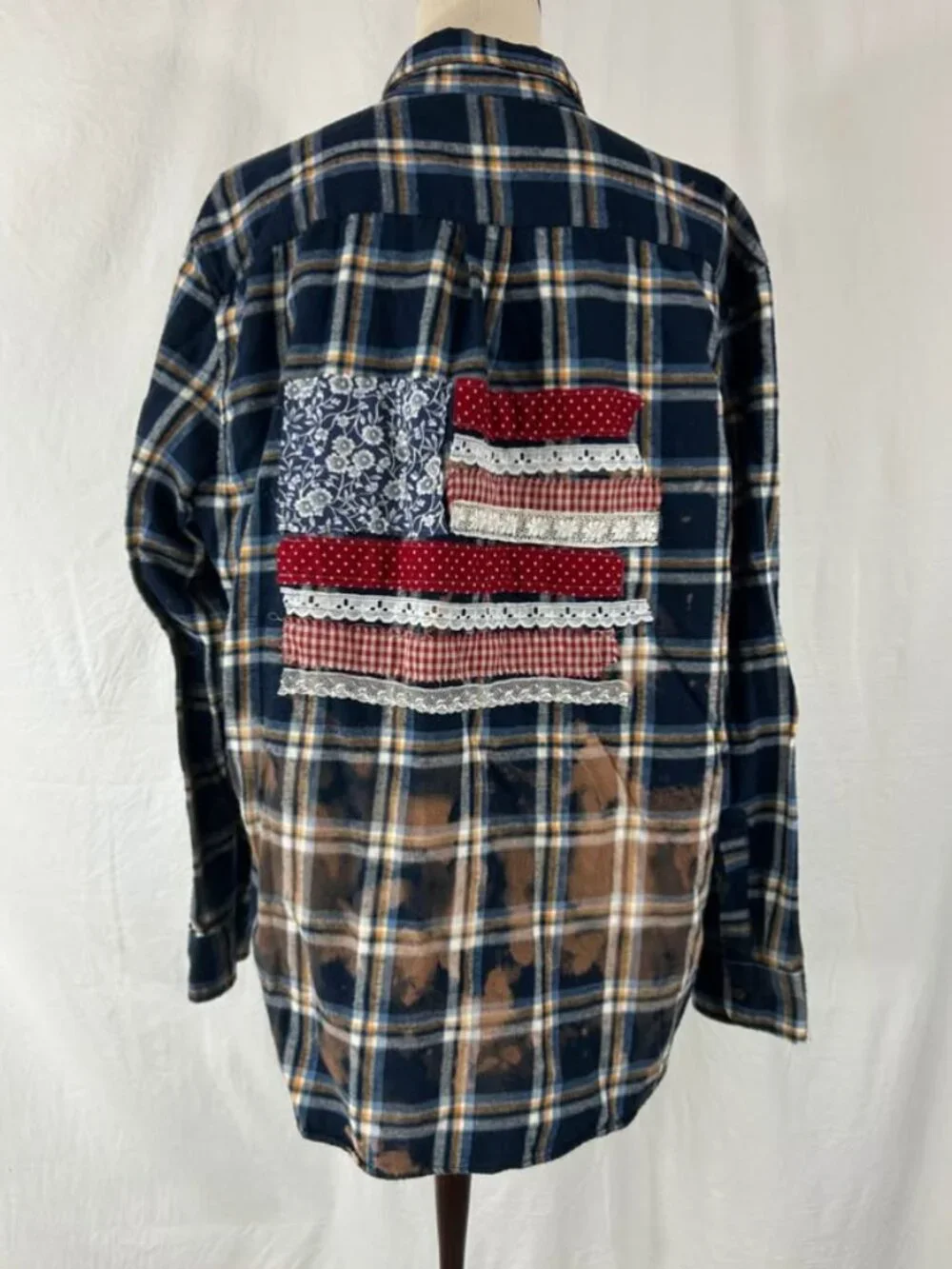 Patriotic Flannel Women’s Button up shirt 4th of July Upcycled American Flag - Picture 2 of 6